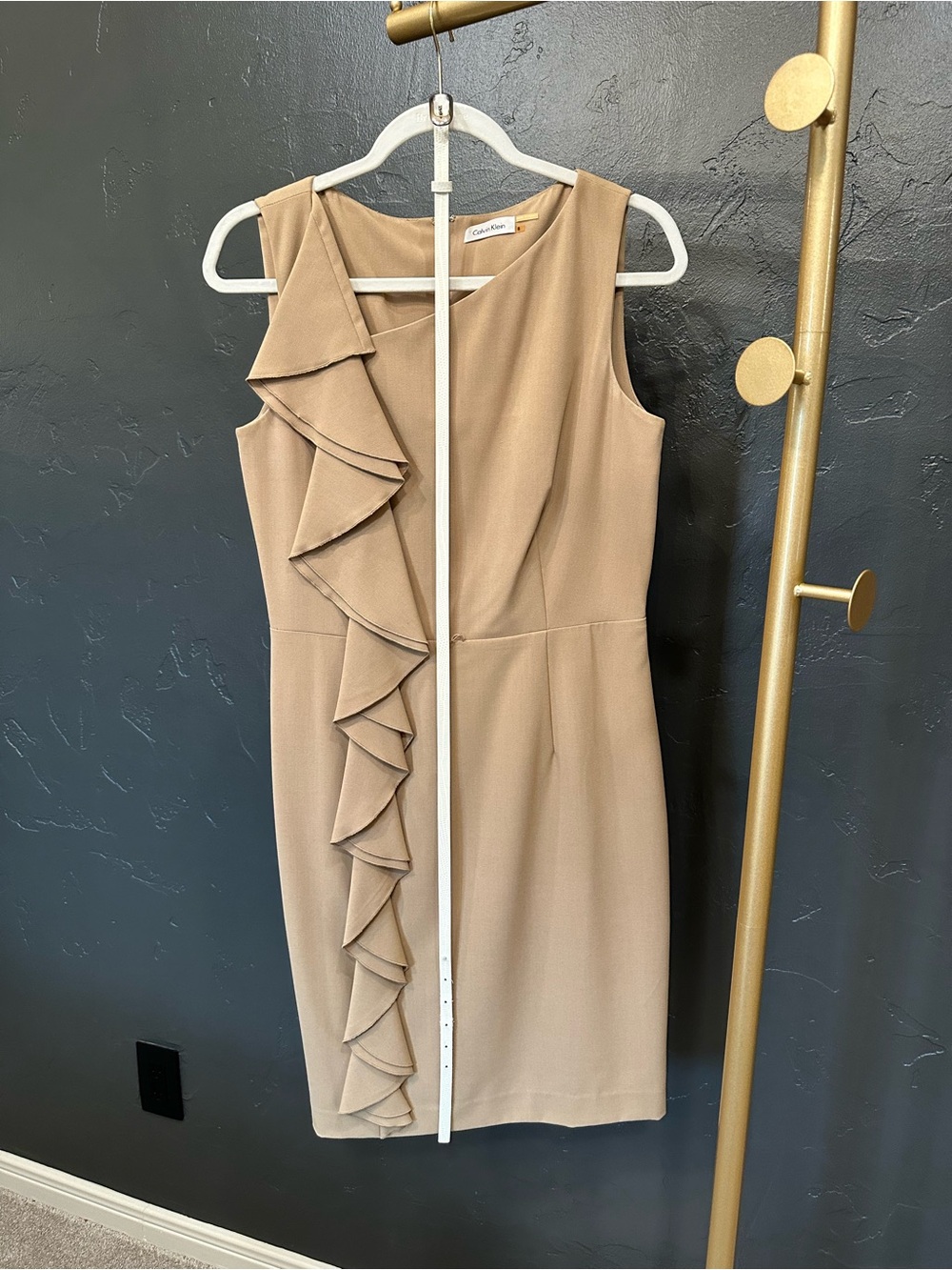 Calvin Klein One-Shoulder Ruffle Sheath Dress in Taupe